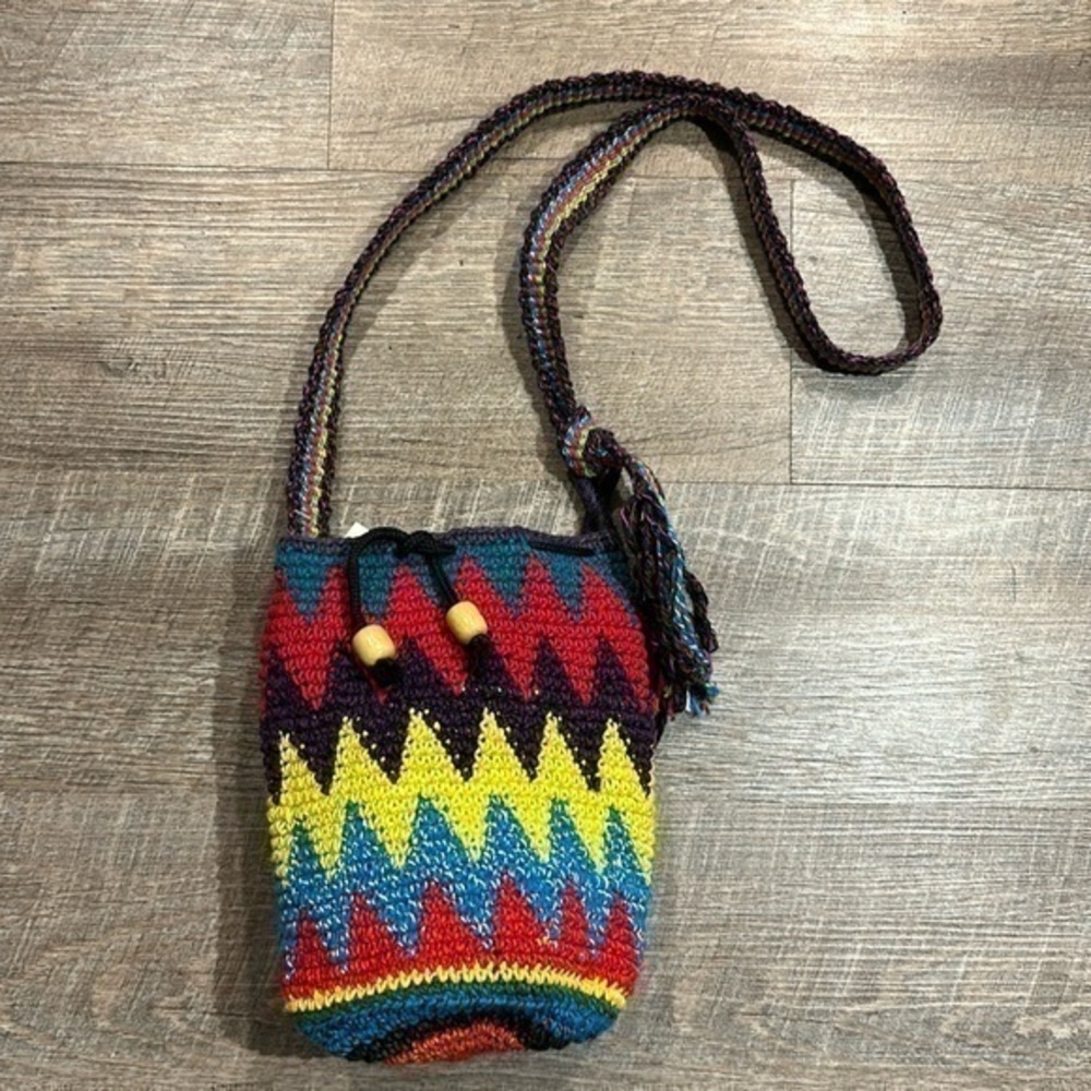 Handcrafted crocheted made in Guatemala, cotton drawstring, bucket bag purse